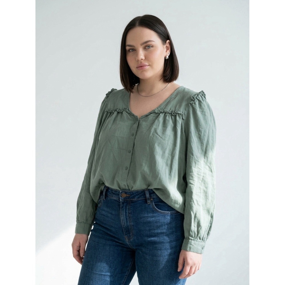 Lee Women's Blouse Army Green Bishop Long Sleeve Button Down Top XXL 100% Cotton